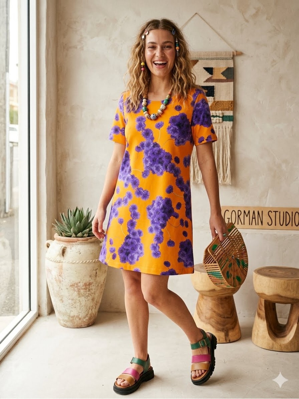 GORMAN x Hattie Molloy Still Life Swing Dress 100% Organic Cotton Orange Sz 14